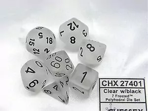 Set de 7 dés Chessex Frosted : Clear/Black